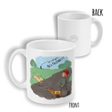 "He's friendly!" dog walker's mug