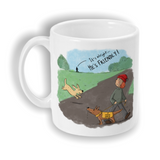 "He's friendly!" dog walker's mug